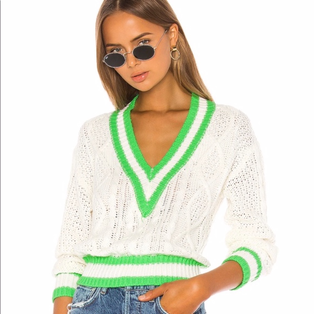 Superdown Karen Deep V Sweater in cream and neon green size small